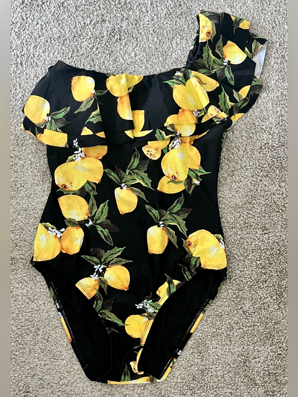 One-Shoulder Lemon Print Swim One-Piece in Black and Yellow - Picture 3 of 8